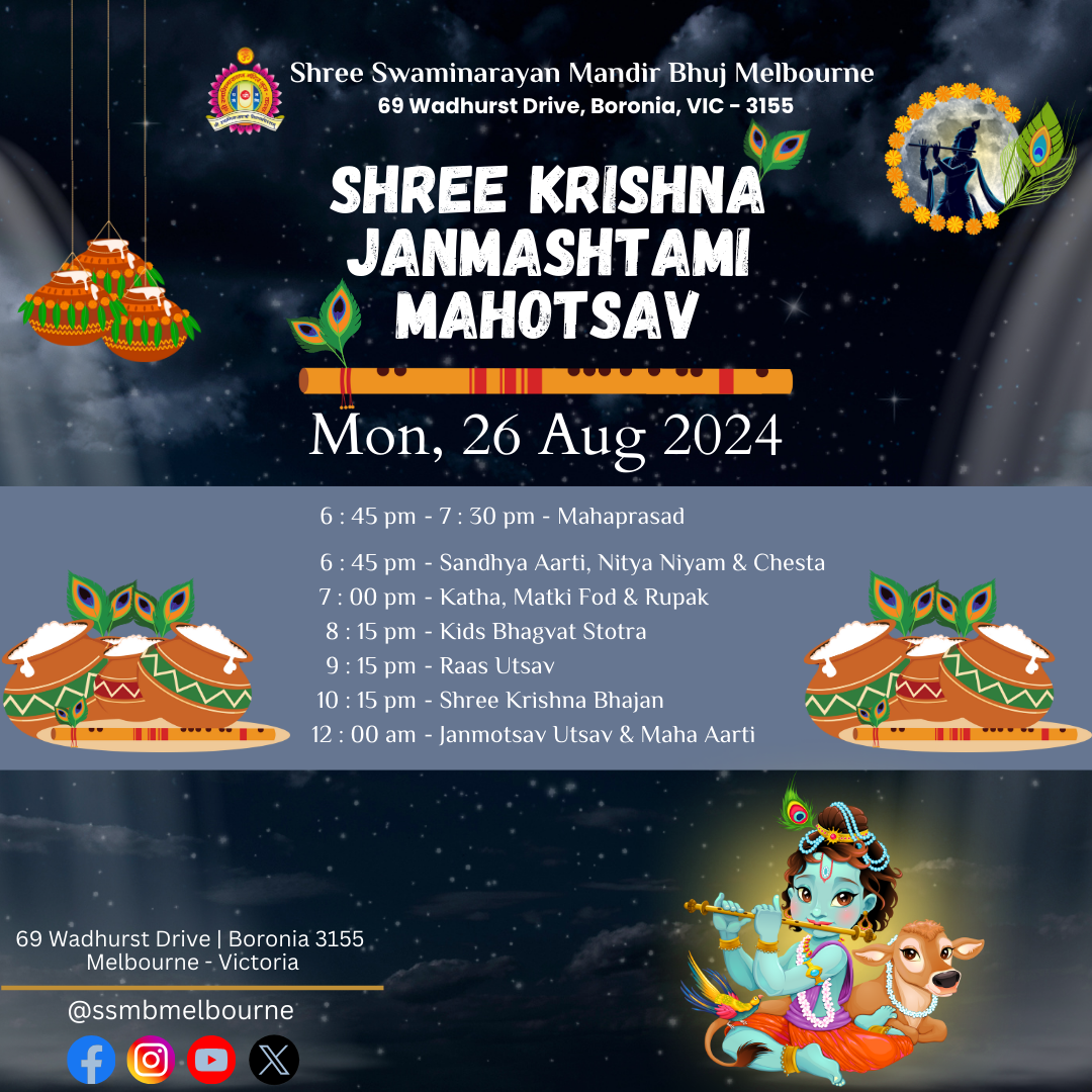 Janmashtami 26th August 2024 Shree Swaminarayan Temple Melbourne